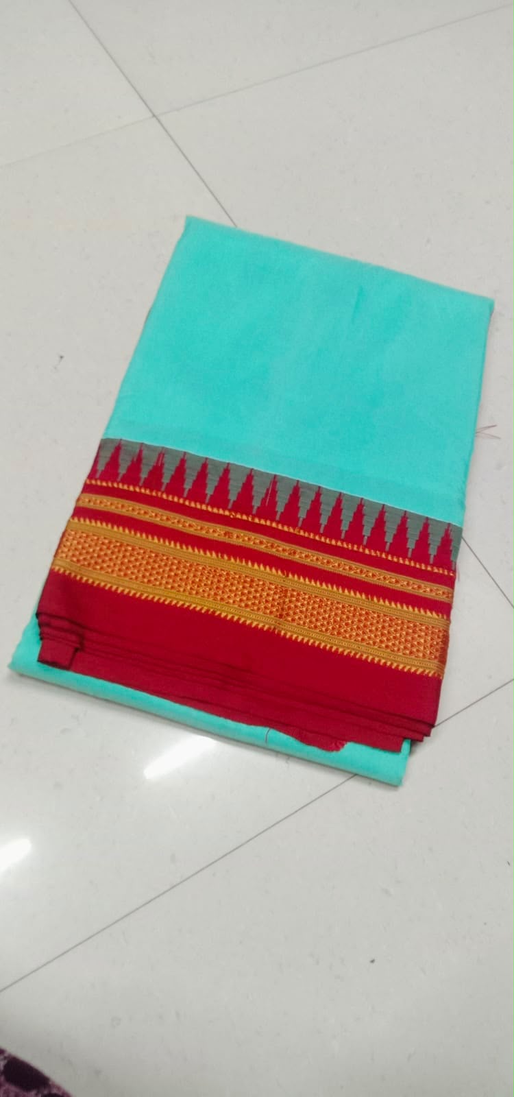 Sea Green & Red Semi Silk Temple Gadiwal