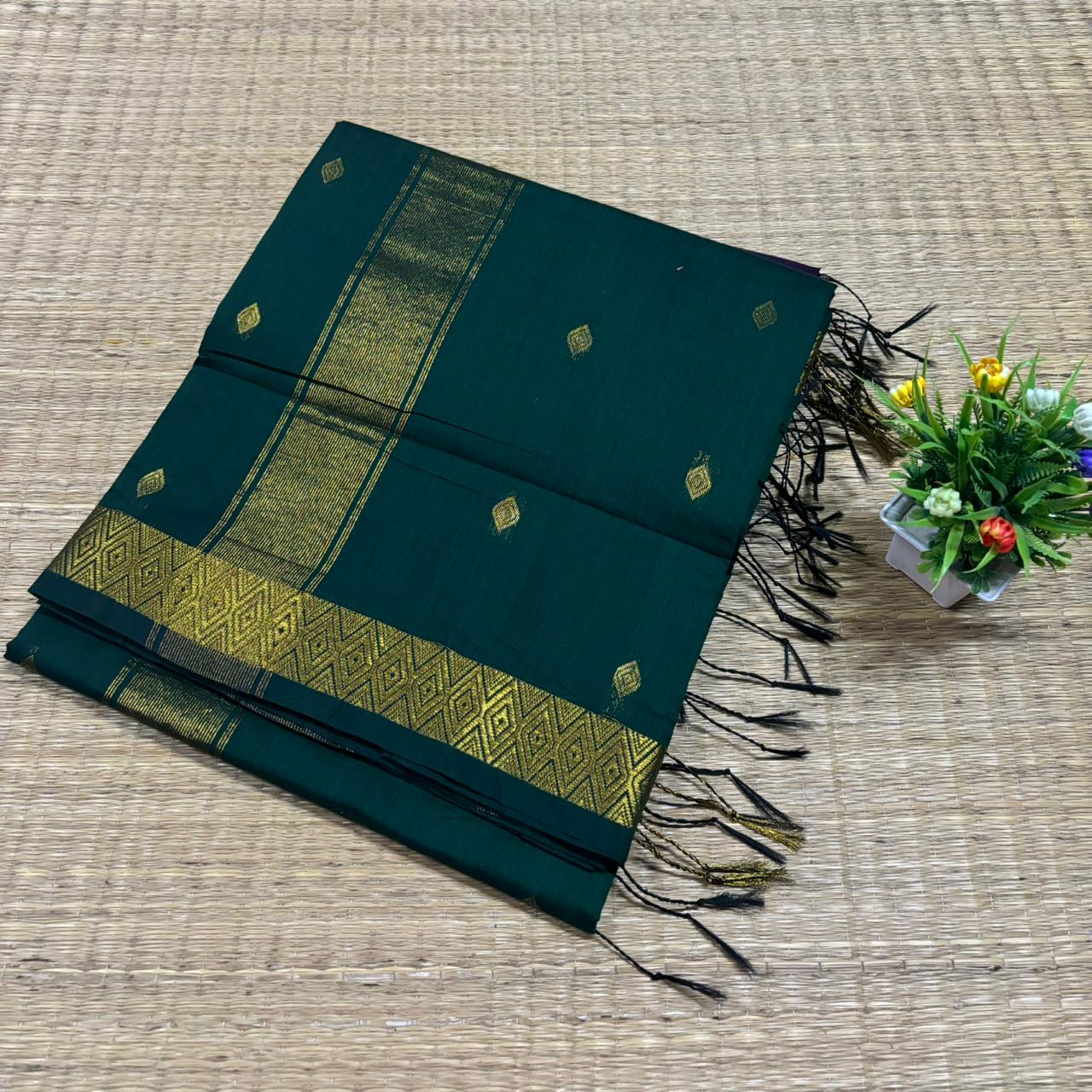 Bottle Green & Gold Maheshwari Silk Cotton