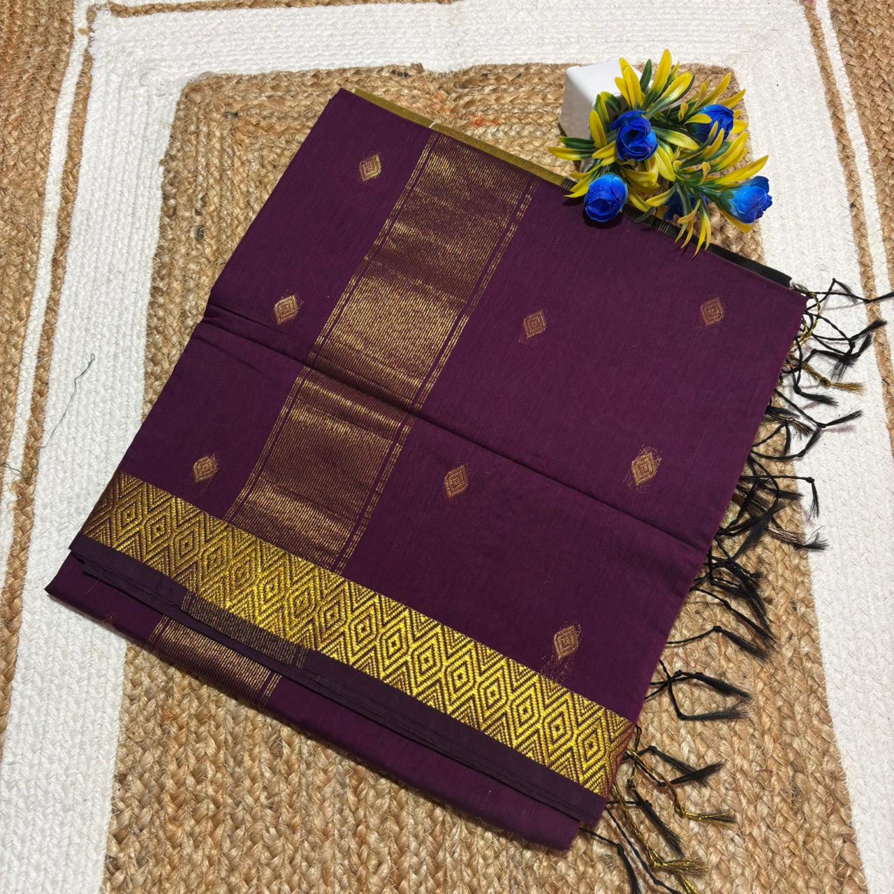 Wine Plum & Gold Maheshwari Silk Cotton