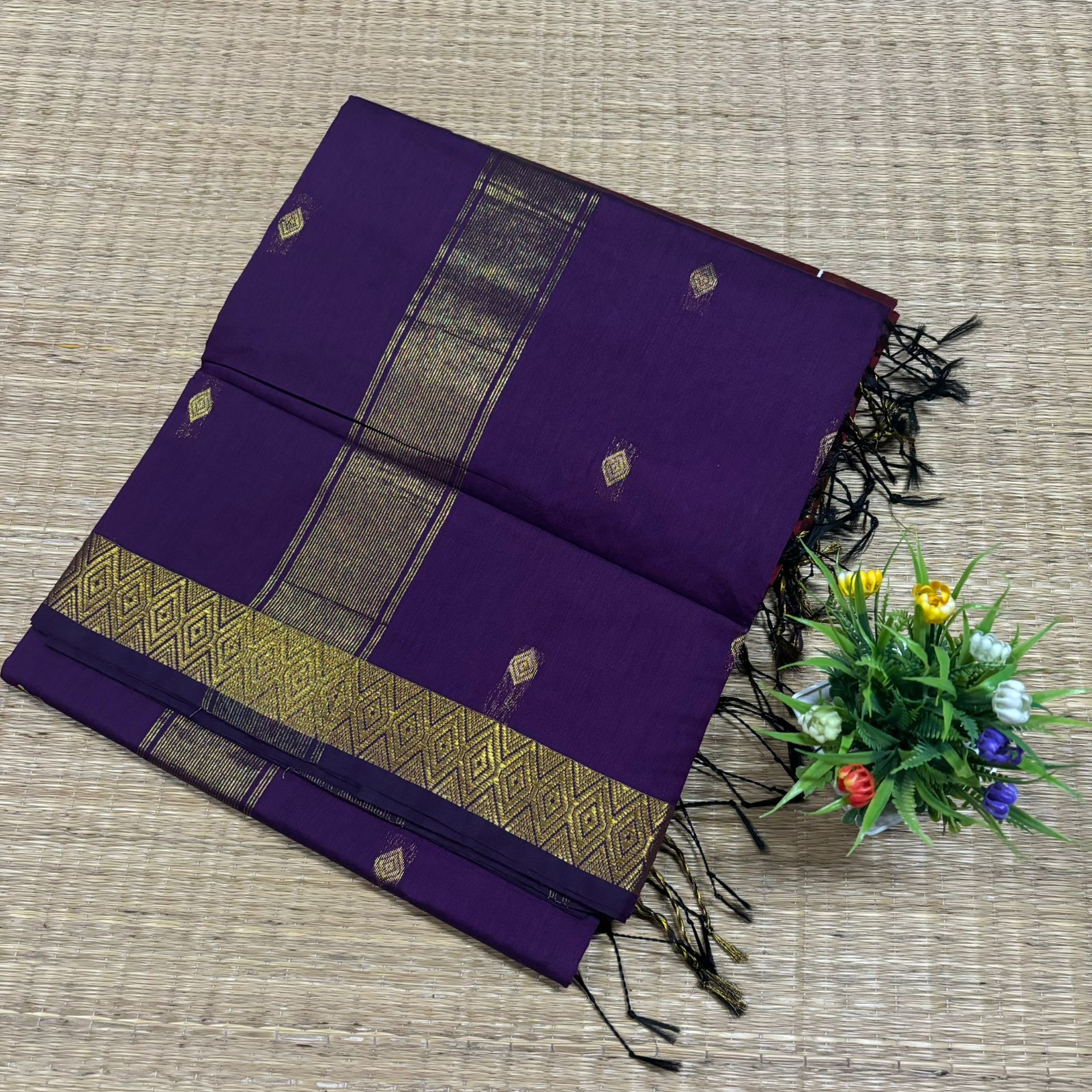 Deep Purple & Gold Maheshwari Silk Cotton