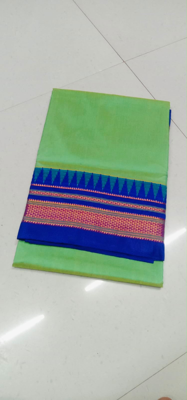 Parrot Green & Royal Blue Semi Silk Temple Gadiwal