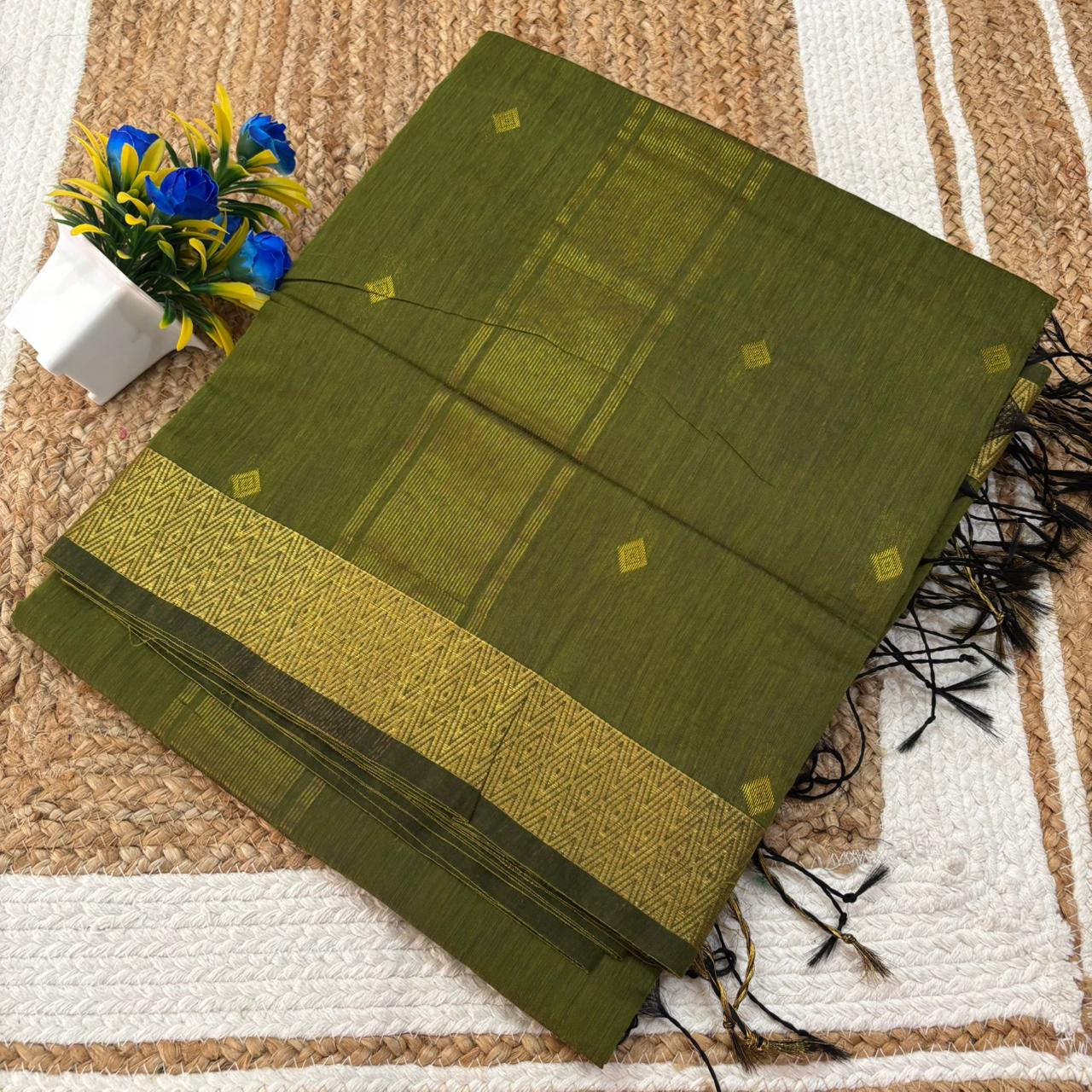 Olive Green & Gold Maheshwari Silk Cotton