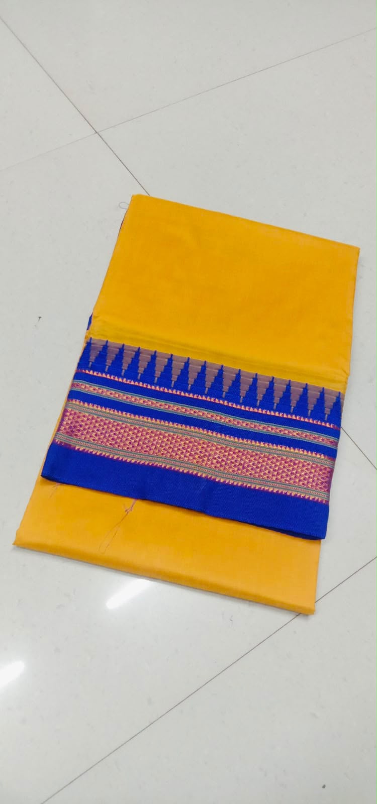 Mango Yellow & Royal Blue Semi Silk Temple Gadiwal