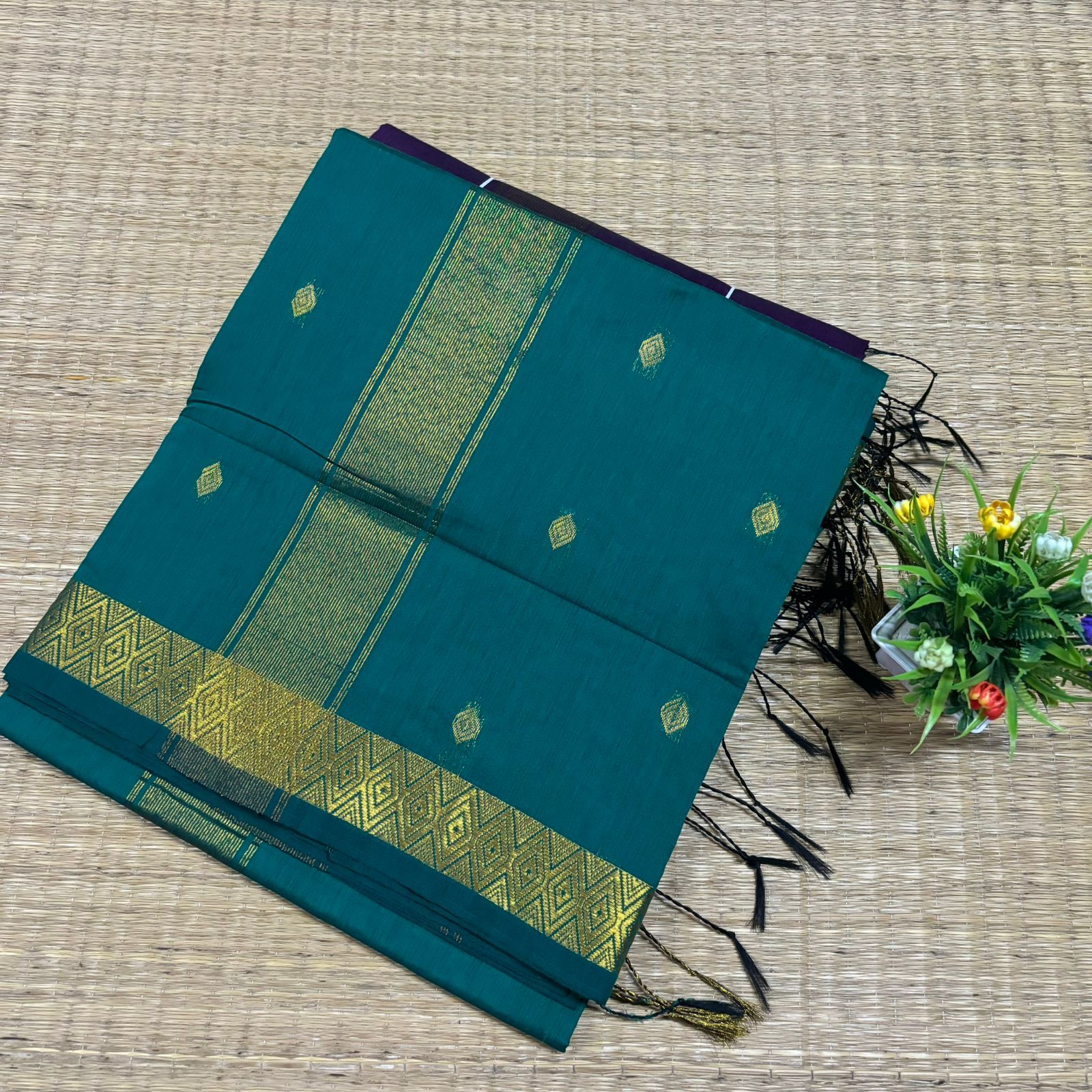 Teal Green & Gold Maheshwari Silk Cotton