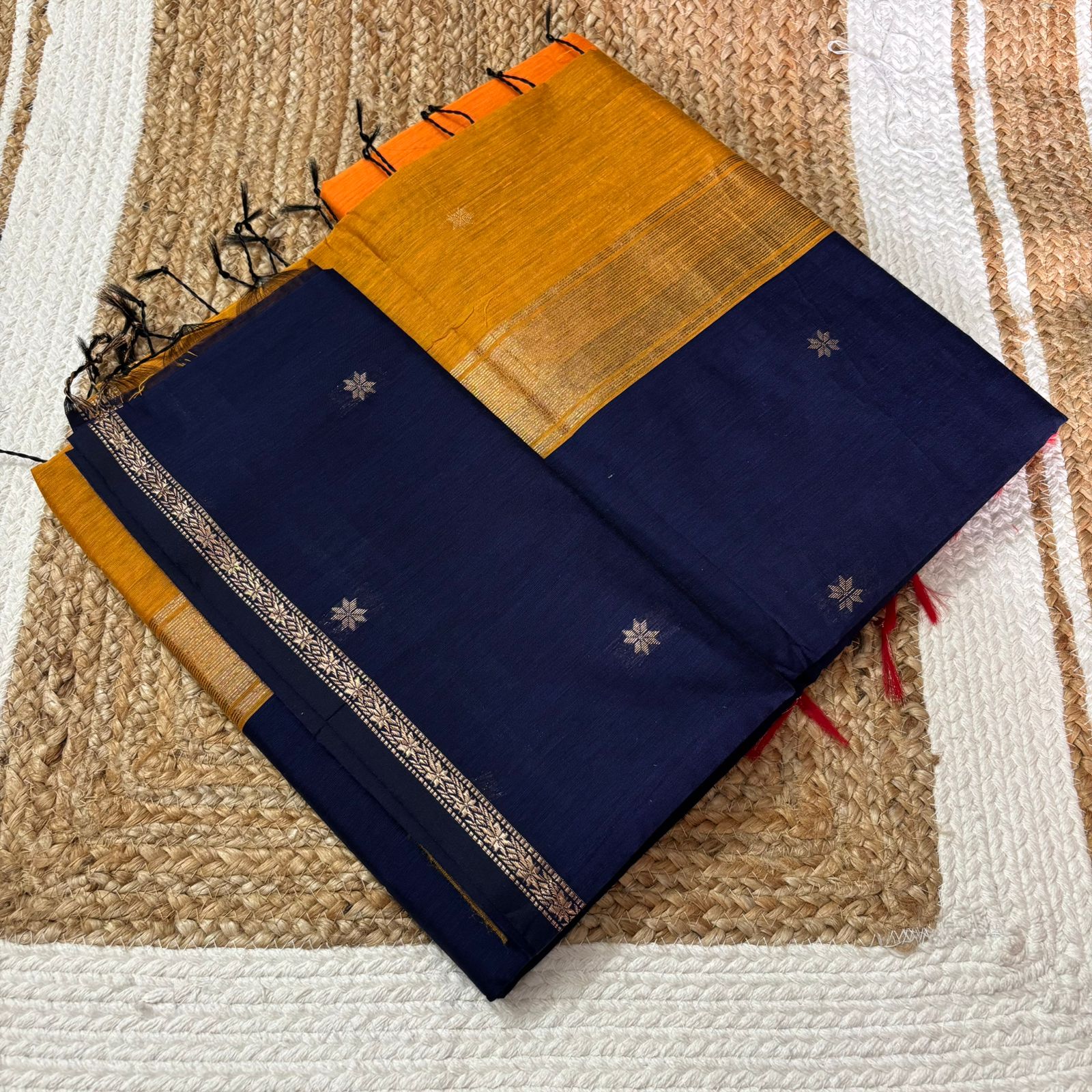 Mustard Yellow & Navy Blue Maheshwari Silk Cotton