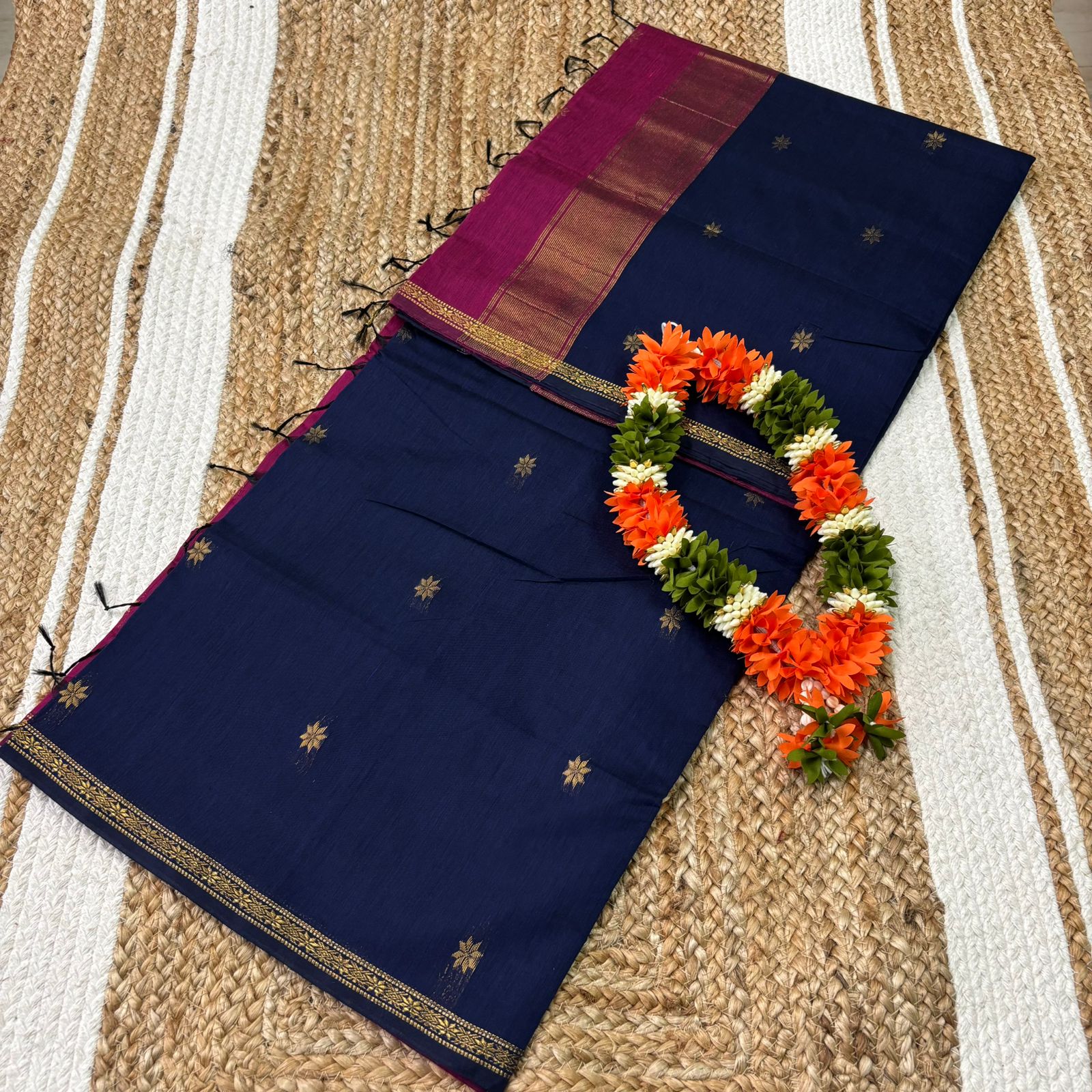 Navy Blue & Wine Magenta Maheshwari Silk Cotton