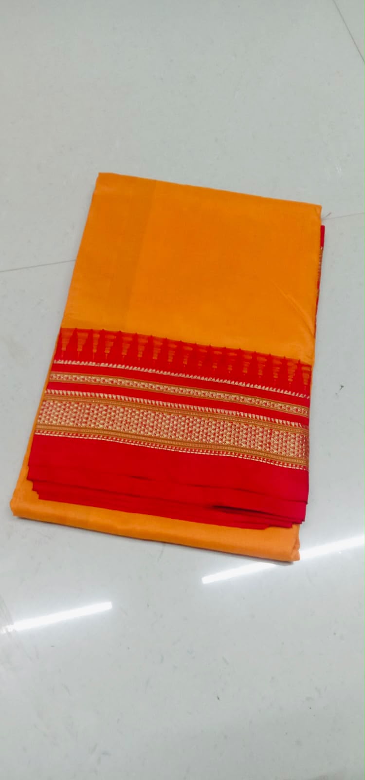 Marigold Orange & Red Semi Silk Temple Gadiwal